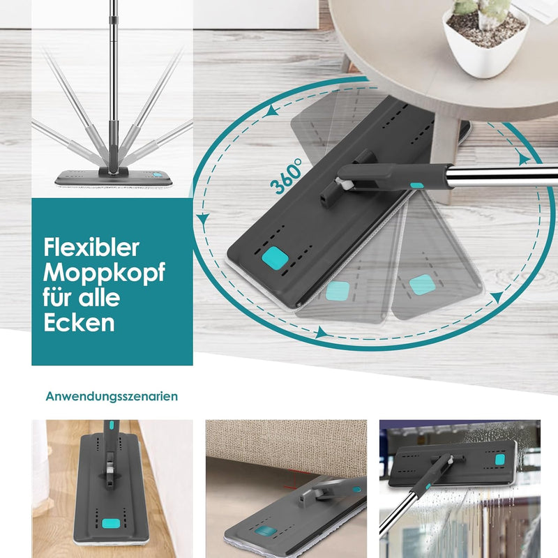Myiosus Flacher Wischmopp Set mit Eimer, 2 in 1 Putzeimer mit Wischmop mit 144 cm Edelstahlgriff, 6