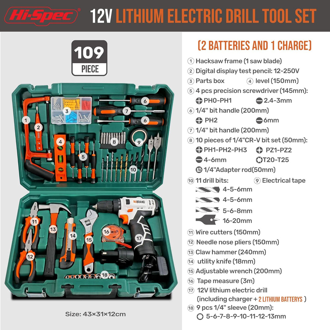 Hi-Spec Werkzeugkoffer mit 12V Akkuschrauber 2 Akkus inkl., Bohrer Set und eine Vielzahl von Werkzeu