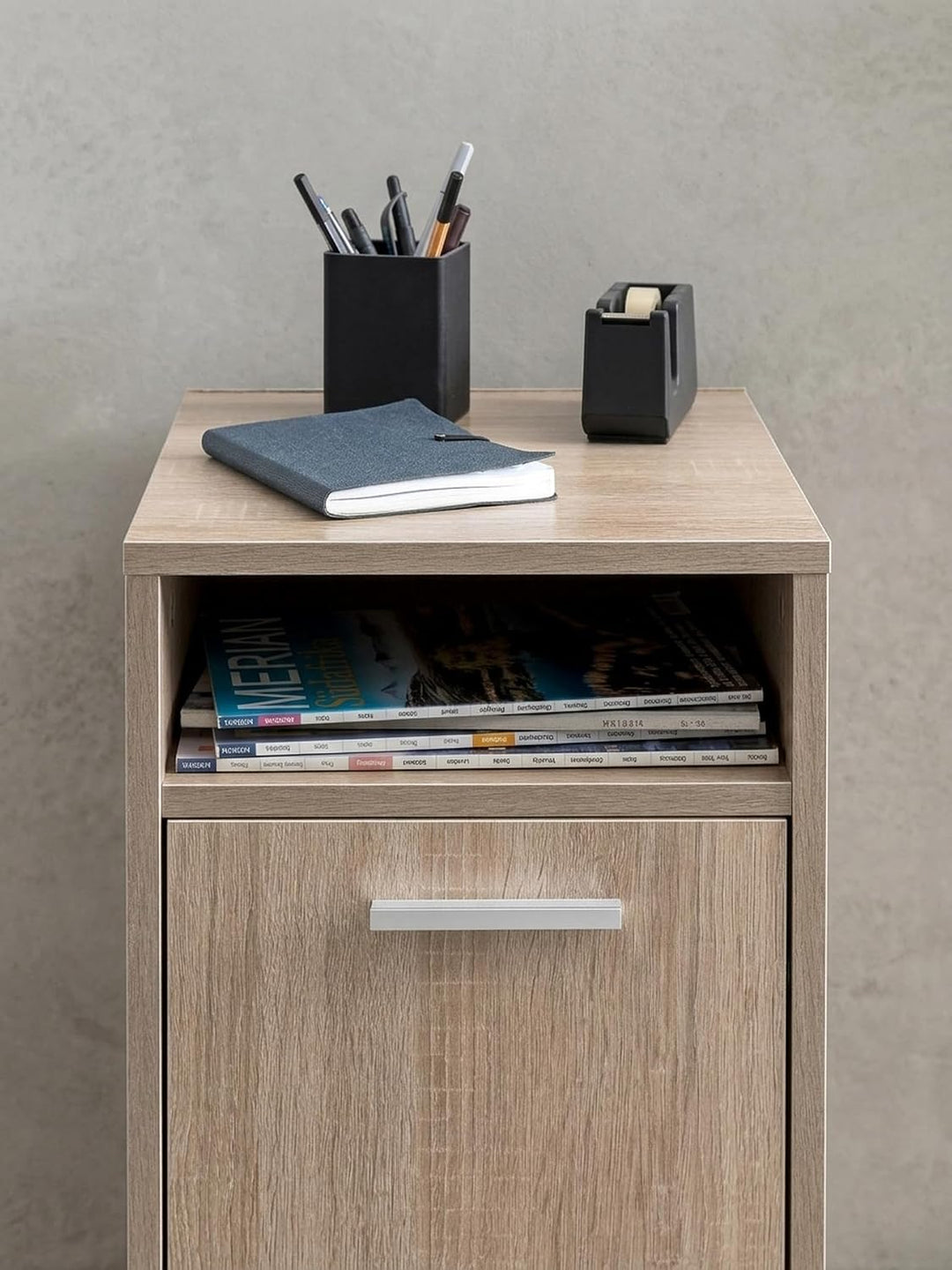 KADIMA DESIGN Rollcontainer OSSOLA: Weiss/Sonoma, 2 Türfächer, Ablagefach, Rollen mit Bremsen, Melam