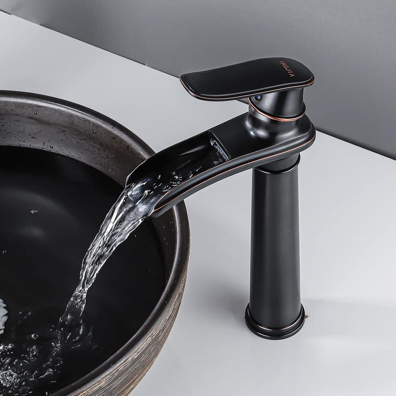 YAGJIA Wasserhahn Bad Schwarz Wasserfall, Waschtischarmatur Hoch Retro, Waschbecken Armaturen Messin
