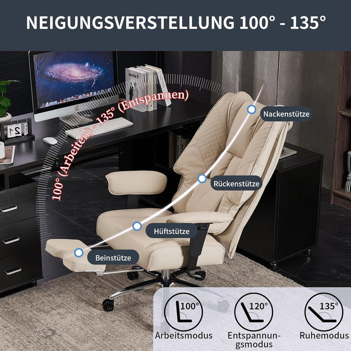 Bürostuhl Ergonomisch, Chefsessel mit Hoher Rückenlehne, Verstellbaren Armlehnen und Breitem Sitz, P