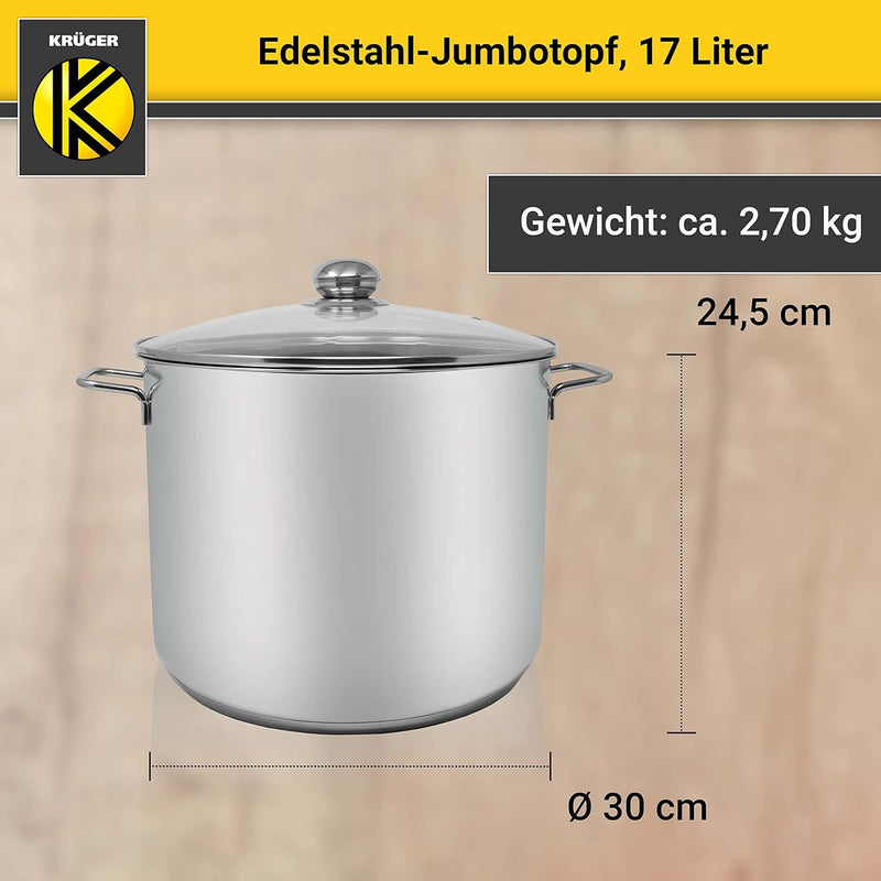 Krüger Edelstahl-Jumbotopf - Kochtopf mit Deckel zum Sichtkochen - energiesparender Kapselboden - id