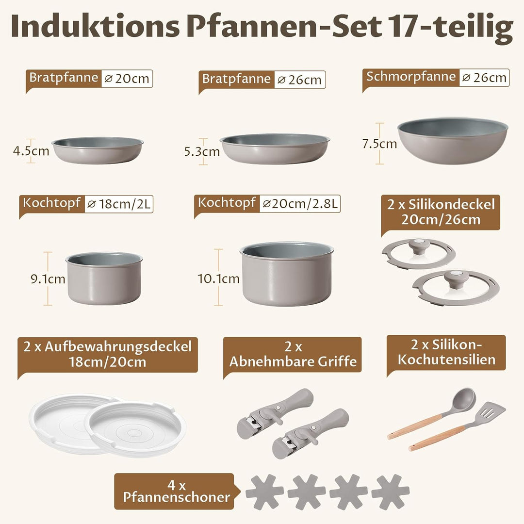 BEZIA 17-Teilig Topfset mit Abnehmbarer Griff, Pfannenset mit Keramik Antihaft Beschichtet, Induktio