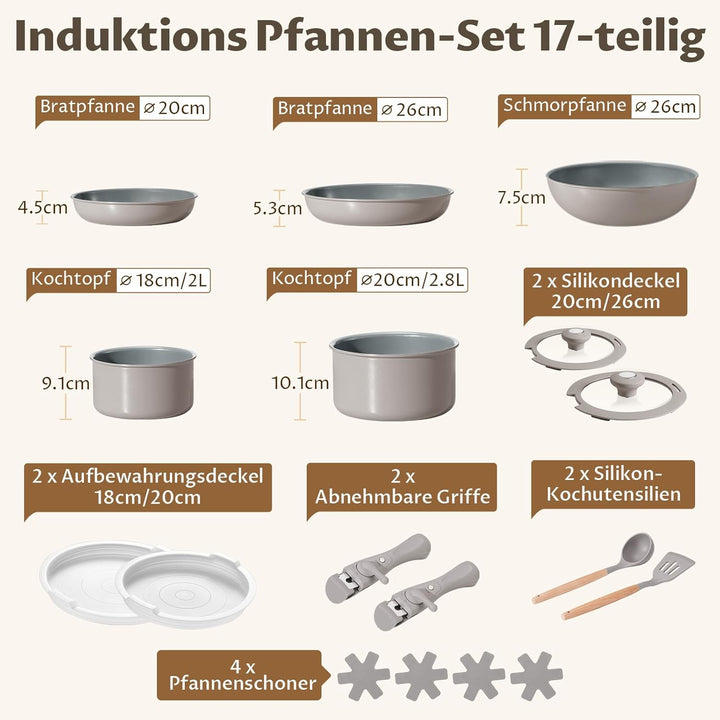 BEZIA 17-Teilig Topfset mit Abnehmbarer Griff, Pfannenset mit Keramik Antihaft Beschichtet, Induktio