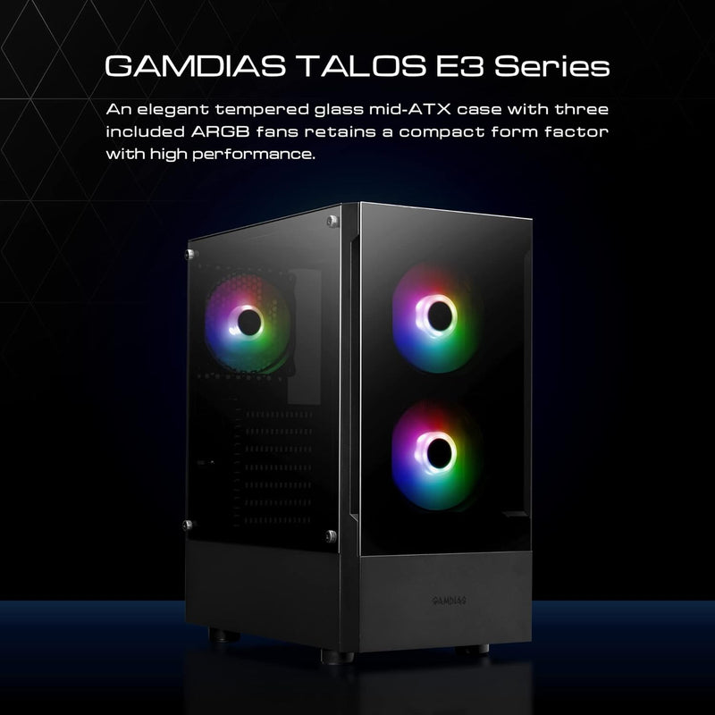 GAMDIAS ATX Mid-Tower Gaming-PC-Gehäuse, Enthält 3 x 120 mm ARGB-Lüfter, High Airflow Mesh Front, Ge