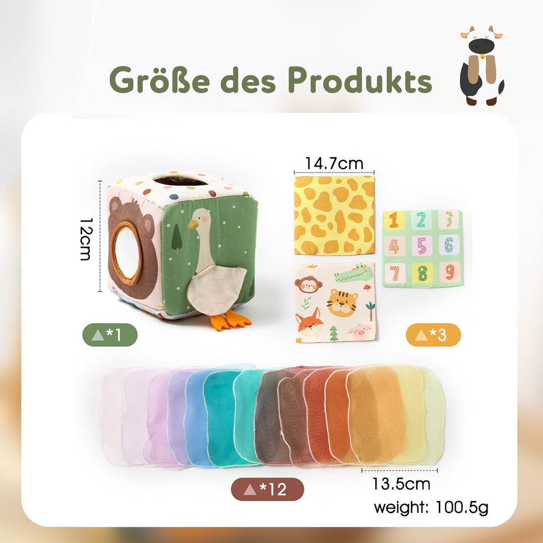 WOODEN TEETHER Tissue Box Montessori Motorikspielzeug, 6-12 Monate Sensorik Baby Spielzeug mit Spieg
