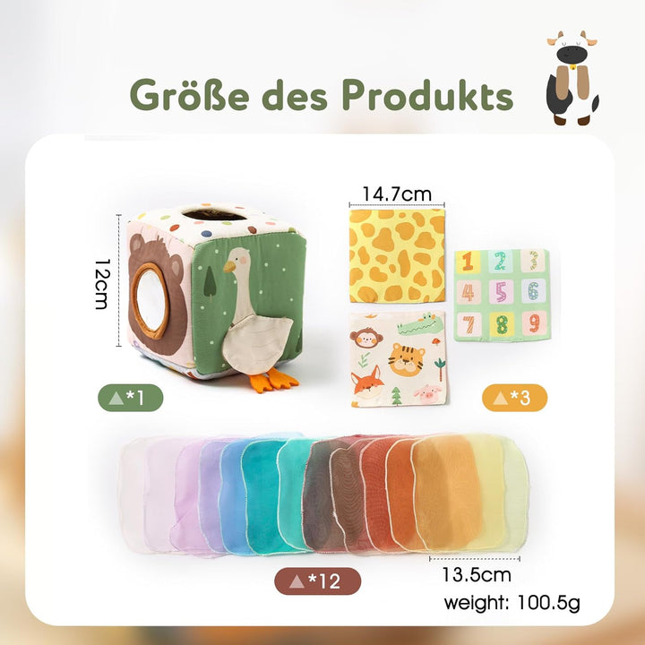 WOODEN TEETHER Tissue Box Montessori Motorikspielzeug, 6-12 Monate Sensorik Baby Spielzeug mit Spieg