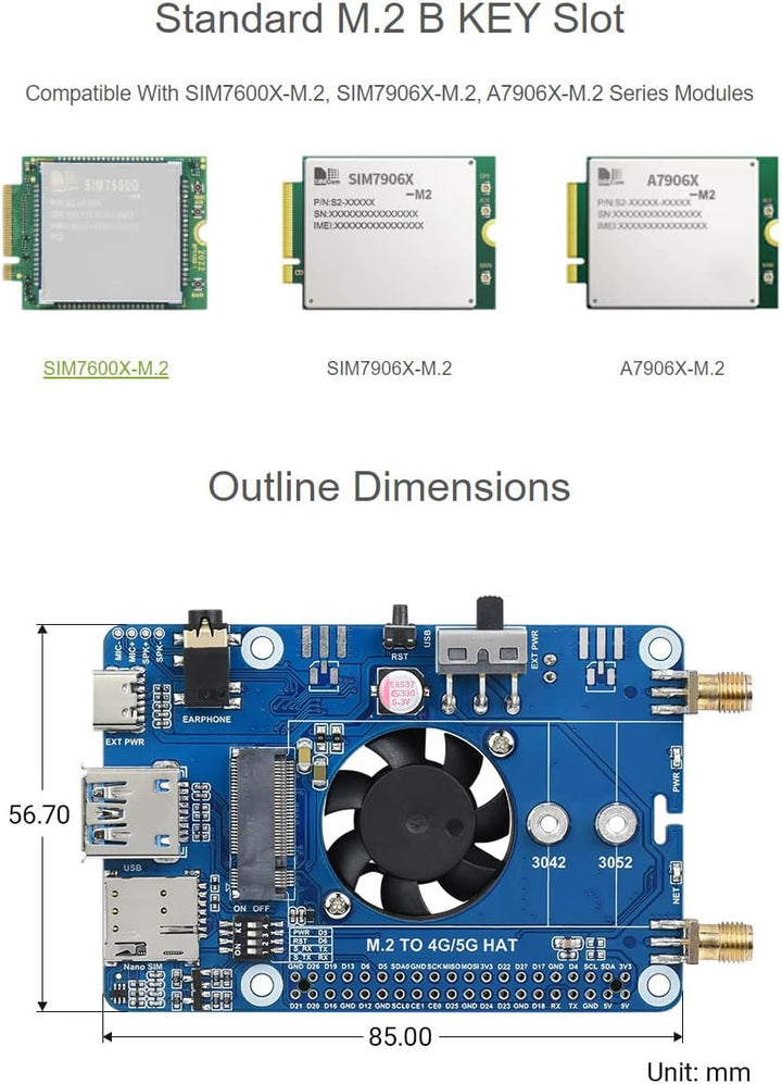 Waveshare SIM7600G-H M.2 4G Hat for Raspberry Pi LTE CAT4 High Speed Global Coverage Multi Band 4G/3