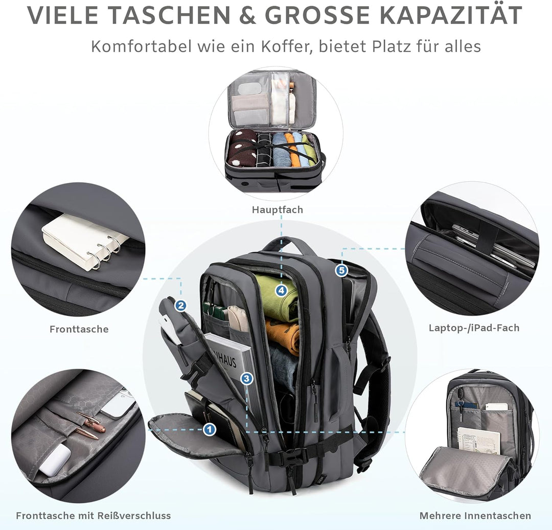 BAGOK Handgepäck Rucksack, Wasserdichter Multifunktionaler Rucksack Handgepäck Flugzeug mit Laptopfa