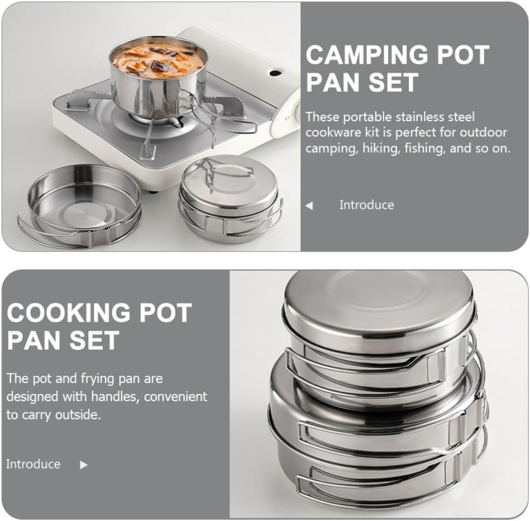 DOITOOL Campingkochtopf aus Edelstahl Silber Leicht und Bruchfest mit Schmortopf Bratpfanne Tellern