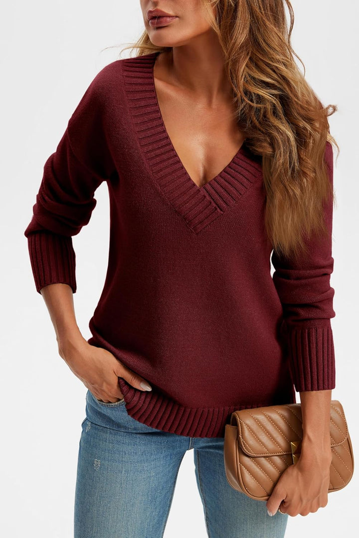 Wenrine Damen Pullover Winter Langarm V-Ausschnitt Strickpullover Sexy Lose Einfarbig S Burgunderrot
