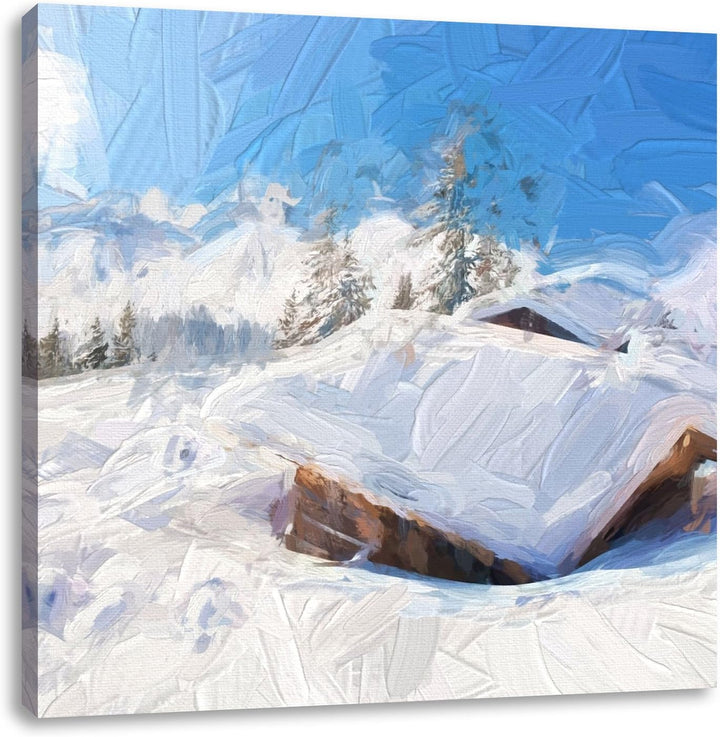 Pixxprint schöne verschneite Berghütten in den Alpen, Format: 70x70 auf Leinwand, 70x70
