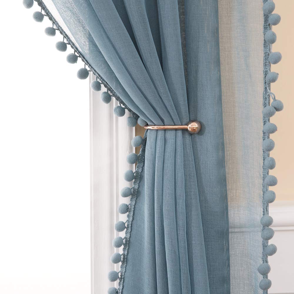 MIULEE Vorhänge mit Pompons-Niedlich Blau Gardinen 2-Set für Kinderzimmer, Transparent Gardinen mit