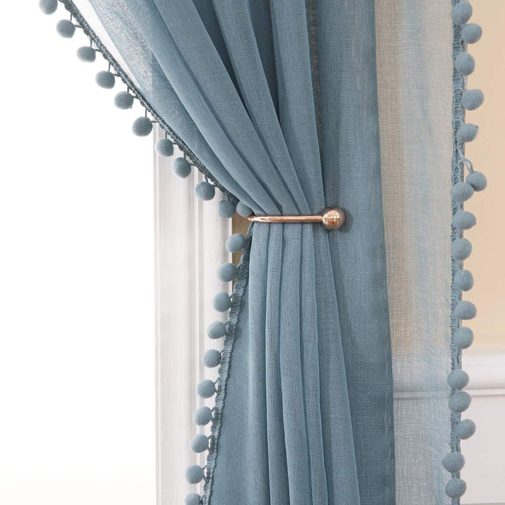MIULEE Vorhänge mit Pompons-Niedlich Blau Gardinen 2-Set für Kinderzimmer, Transparent Gardinen mit