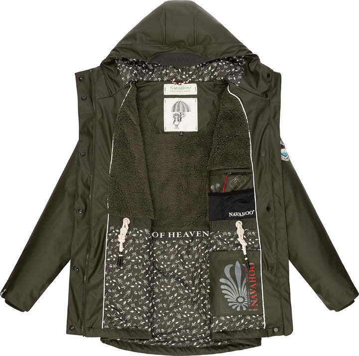 Navahoo Damen Übergangsjacke Regenmantel wasserdicht lang warm gefüttert mit Kapuze Oceans Heart XS-