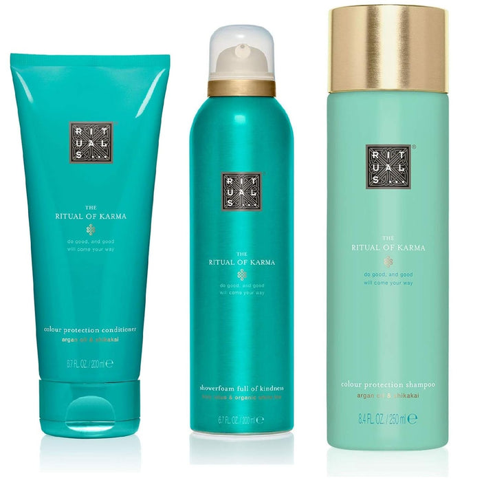 RITUALS KARMA Shampoo 250ml + Duschgel 200ml + Conditioner 200ml, 3er Set, inkl Filabe Pflegetücher,