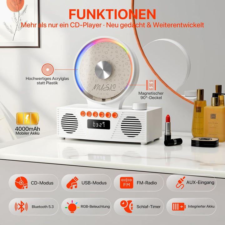 ROADOM Retro CD-Player mit Bluetooth 5.3 & Dualen Lautsprechern, 4000mAh Akku, 6-in-1 Wiedergabe (CD