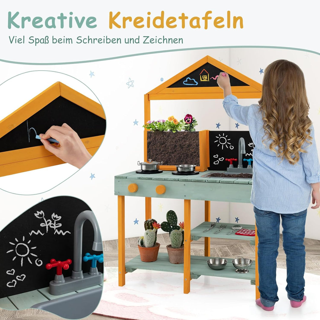 COSTWAY Matschküche Kinder Outdoor, Kinderküche Tannenholz mit Pflanzbehälter & 2 Kreidetafeln & Was