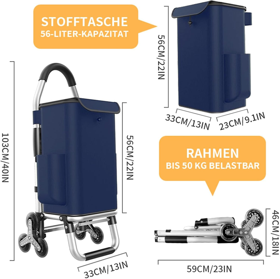 Einkaufstrolley Klappbar mit 56L Kapazität und Belastbar bis 50kg, 2 in 1 Multifunktions Mutige Alum