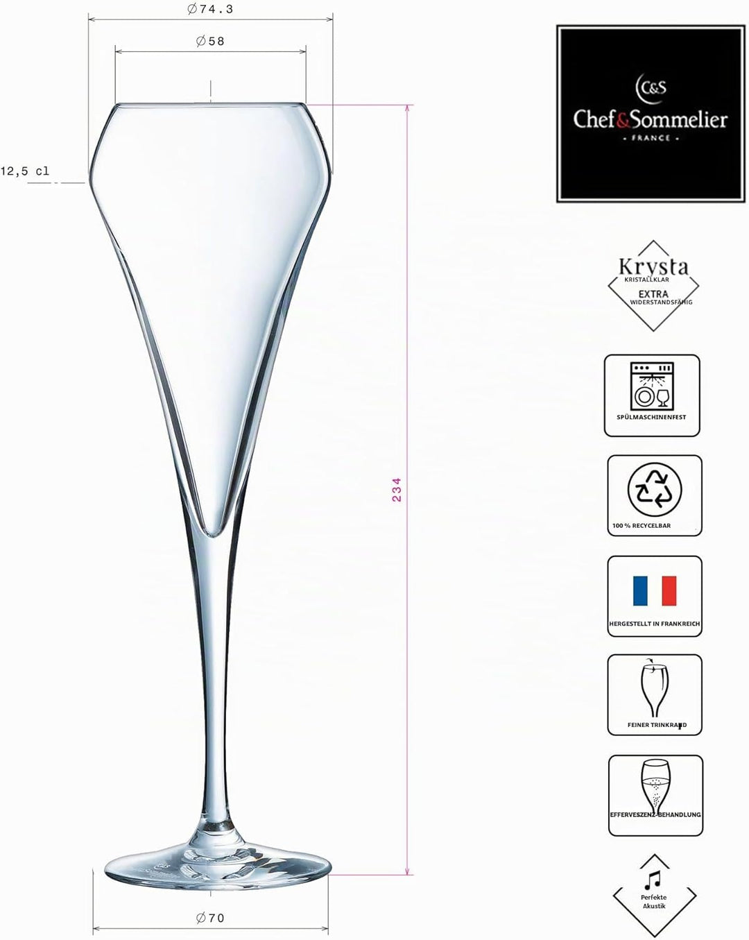 Chef & Sommelier Q5913 Effervescent Sektflöte, Krysta – Kristall verstärkt, 200 milliliters, Klar Si