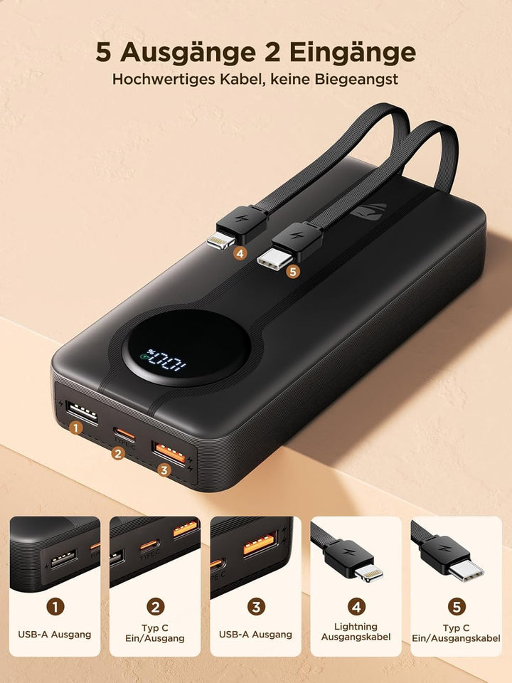 Aioneus Power Bank with Built-in USB-C and Lightning Cables 20000mAh Schwarz Schwarz 20000mAh, Schwa