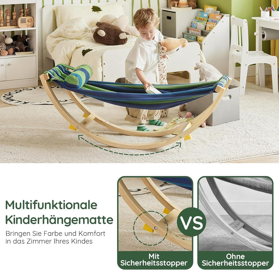 SoBuy Hängematte Kinder mit Sicherheitsstopper, Kinderliege, Schaukelliege aus Holz mit Kopfkissen,