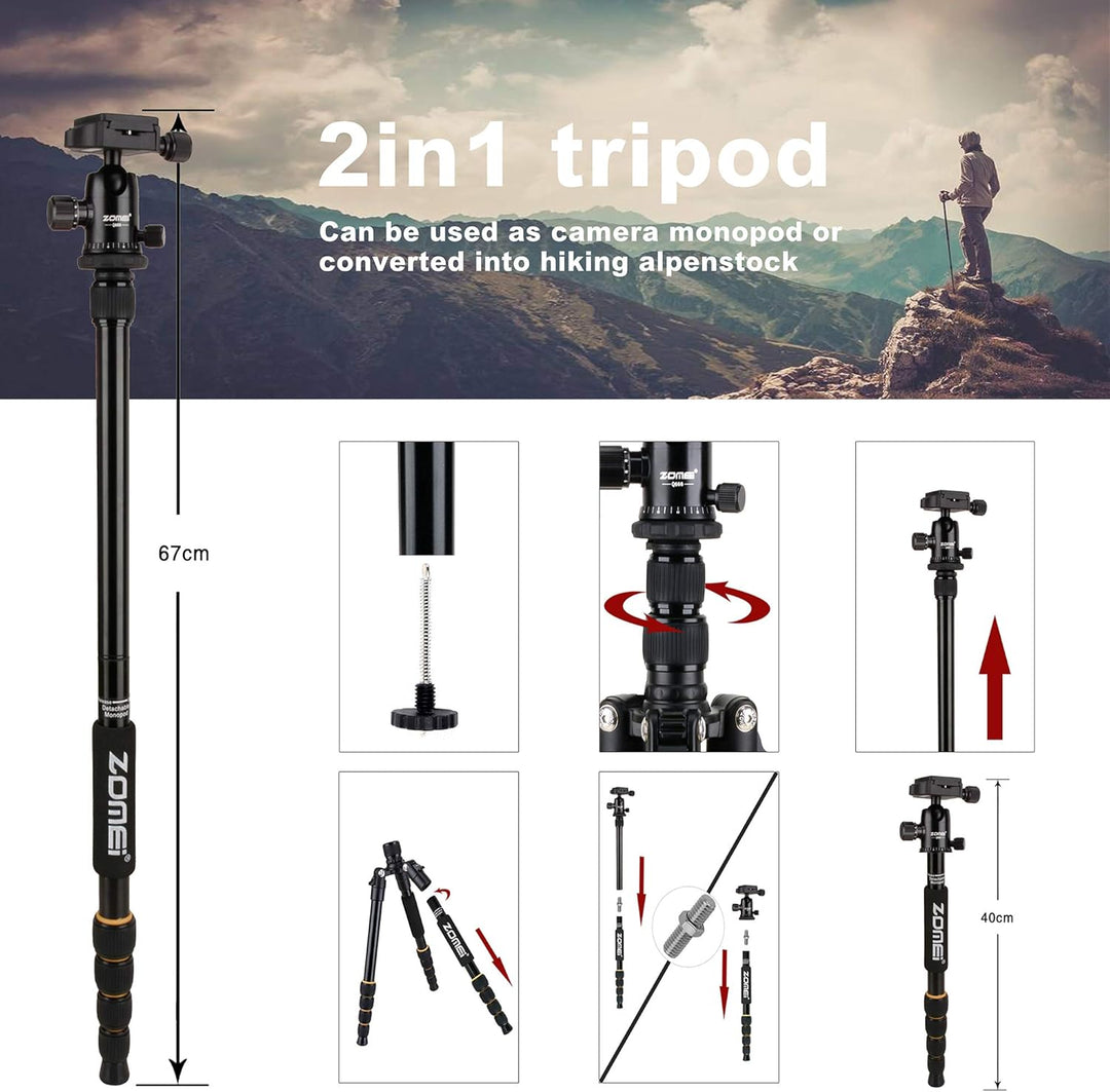 ZOMEI Q666 Kamera Stativ, 155cm Aluminium-Leichtbau Reisestativ, 3-in-1 Fotostativ Makrostativ und E