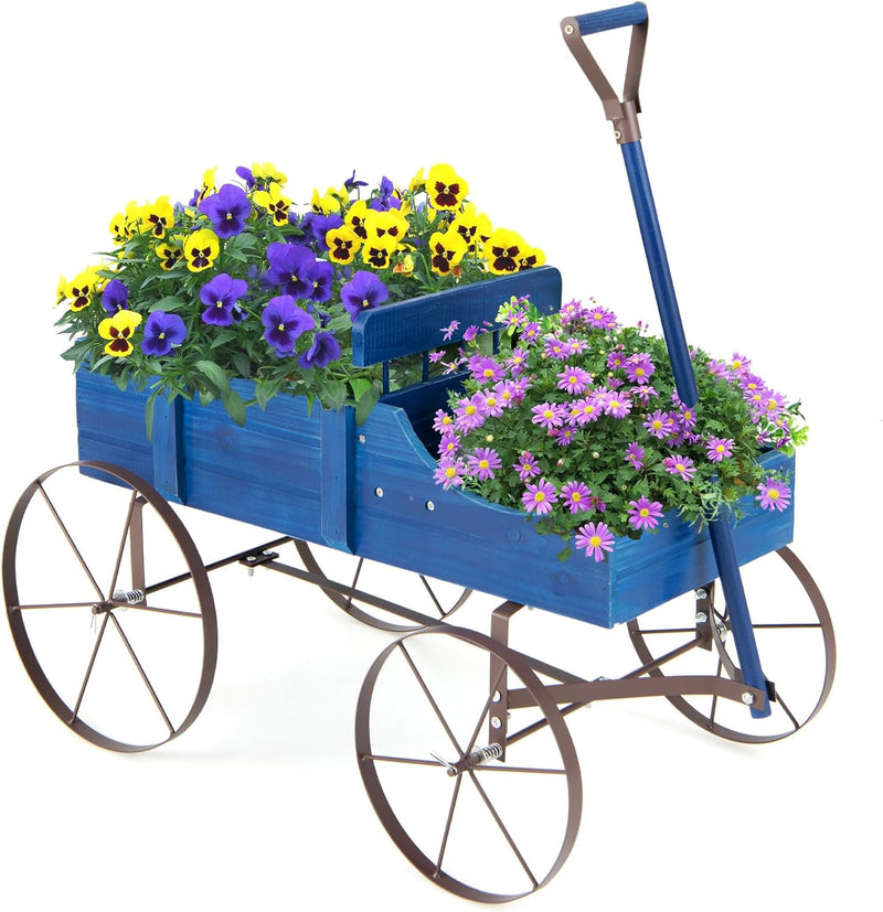 COSTWAY Blumenständer Holzwagen, Pflanzwagen Blumenwagen mit Rädern aus Metall, Blumenkasten Pflanze