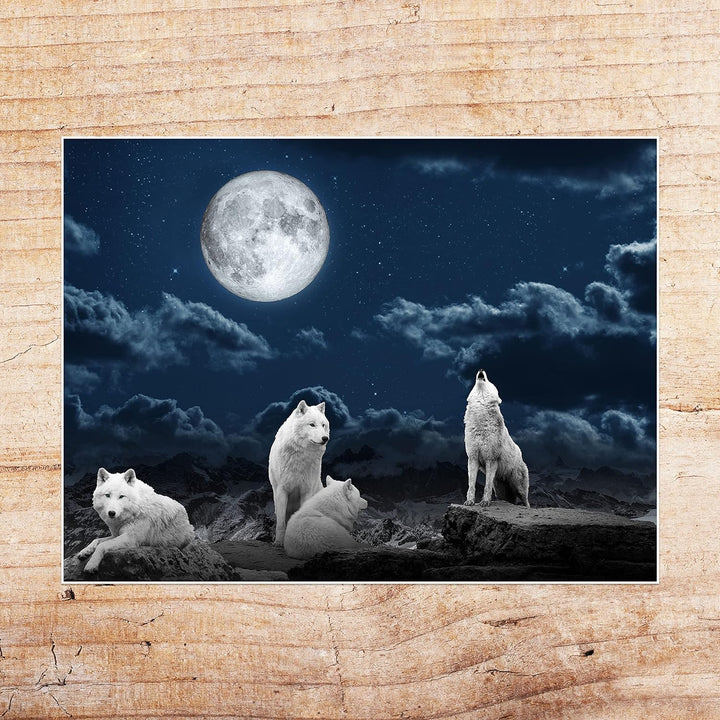 wandmotiv24 Poster als Wanddeko, Grösse 80x60cm, Wolfsrudel, Wolf, Gemälde, Mond, Wölfe, Felsen, Tie