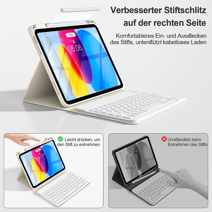 Tastatur Hülle für iPad A16 11. Gen/iPad 10. Gen, QWERTZ, Cremeweiss | Kabellose Magnetische Tastatu