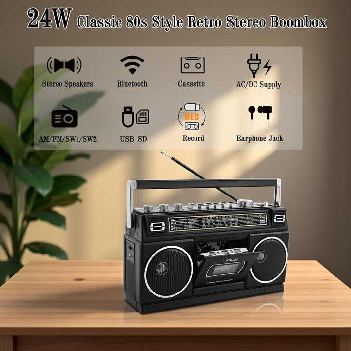 Retro-Classic-Portable-Boombox im 80er-Jahre-Stil mit Kassettenrecorder, AM/FM/SW1/SW2-Radio, Blueto