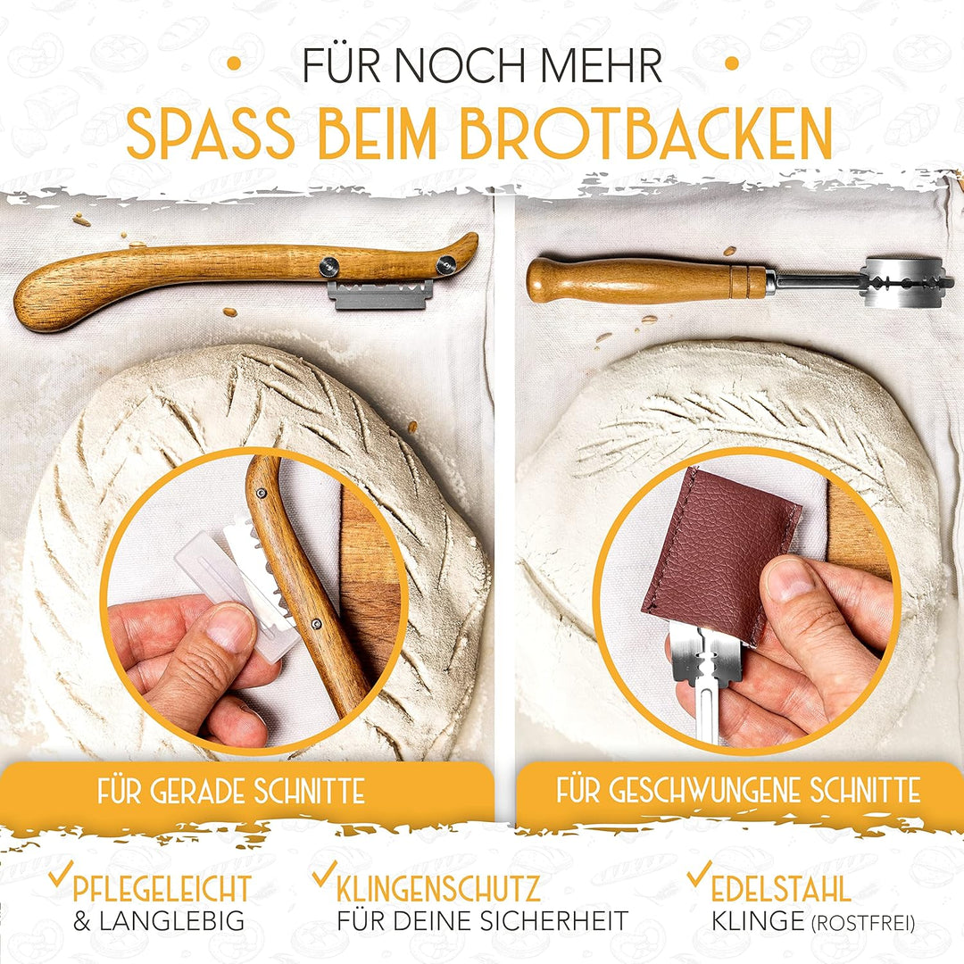 KRUSTENZAUBER Bäckerleinen und Bäckermesser Set - 2x Leinentuch 75x45cm + 2x Teigmesser - Brot Backe