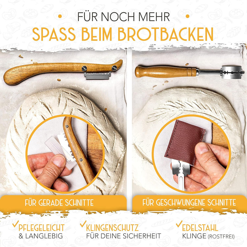 KRUSTENZAUBER Bäckerleinen und Bäckermesser Set - 2x Leinentuch 75x45cm + 2x Teigmesser - Brot Backe