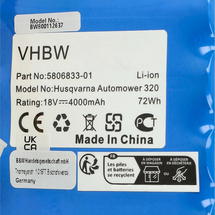 vhbw 2X Akku kompatibel mit Husqvarna Automower 320 Rasenmäher (4000mAh 18V Li-Ion)
