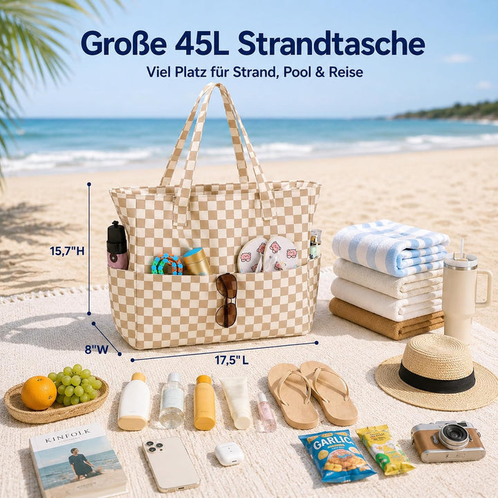 LEDAOU Grosse Strandtasche mit reissverschluss Damen Strandtuch Tote bag &amp; Strandtuch Hausschuhe Was