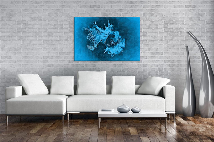 deyoli Zeichnung eines Koi Karpfen Format 80x60 Effekt: Monocrome Blau als Leinwandbild, Motiv ferti