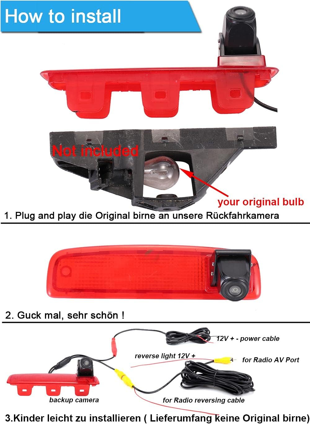 「12mm Objektiv CMOS Rückfahrkamera+ 4.3 Zoll Auto Rückspiegel」Auto 3.Bremsleuchte Dach Rückfahrkamer