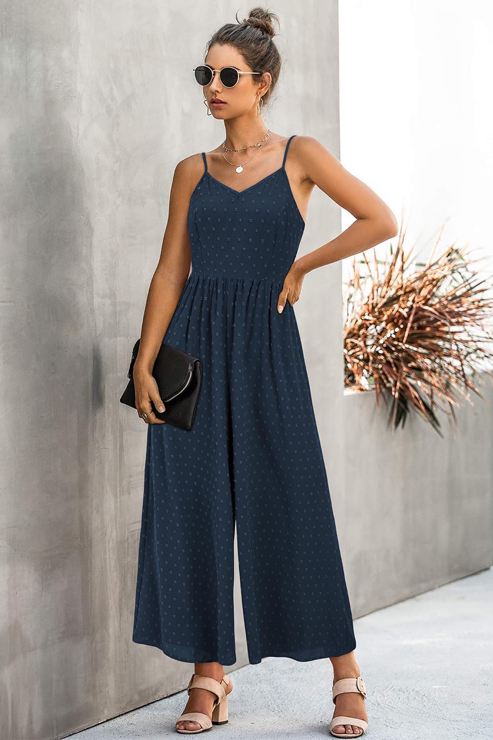 LAISHEN Jumpsuit Damen Sommer Overall Elegant Festlich Hochzeit Lang Hosenanzug Weites Bein Hose Pla
