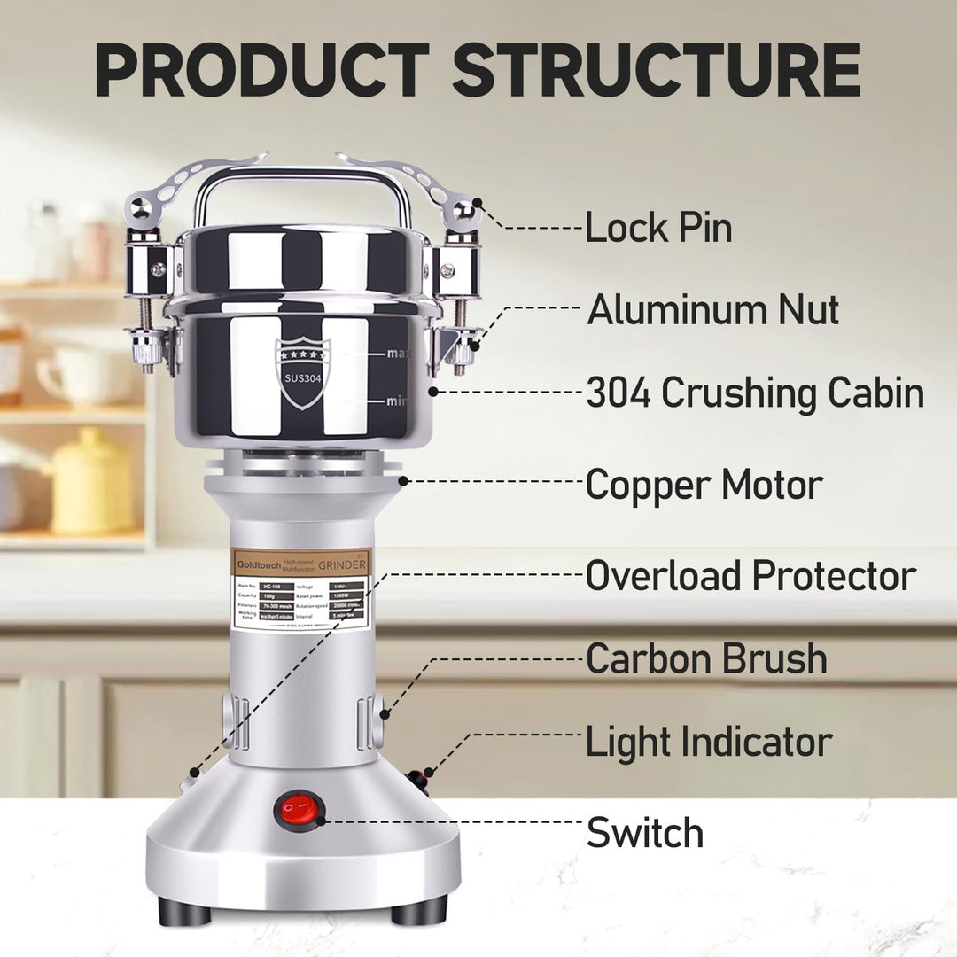 Goldtouch GetreidemüHle Elektrische 150g 1500W Electric Grain Mill 28000U/min 304 Edelstahl Kommerzi