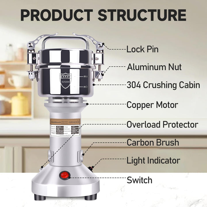 Goldtouch GetreidemüHle Elektrische 150g 1500W Electric Grain Mill 28000U/min 304 Edelstahl Kommerzi