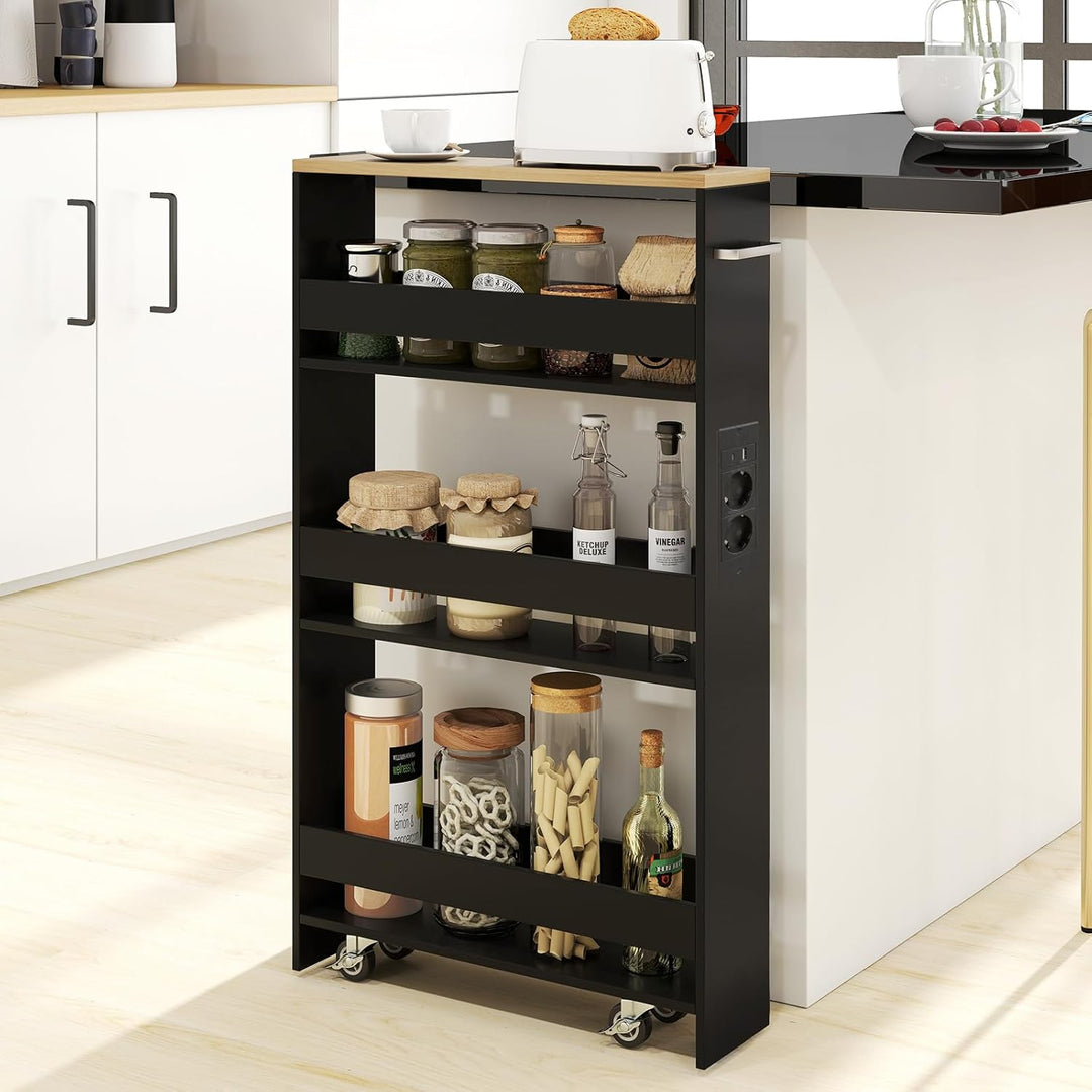 GIANTEX Nischenregal 13cm breit, Nischenschrank Nischenwagen mit Ladestation, Küchenregal auf Rollen