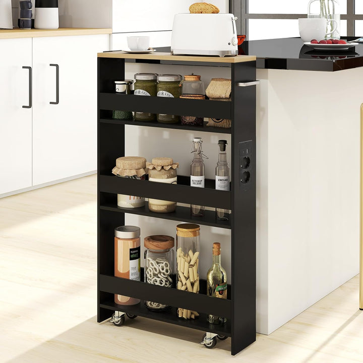 GIANTEX Nischenregal 13cm breit, Nischenschrank Nischenwagen mit Ladestation, Küchenregal auf Rollen