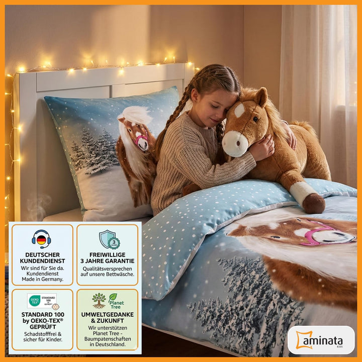 Aminata kids Biber Bettwäsche 135 x 200 Kinder Pferde-Motiv Mädchen Flanell Baumwolle, Reissverschlu