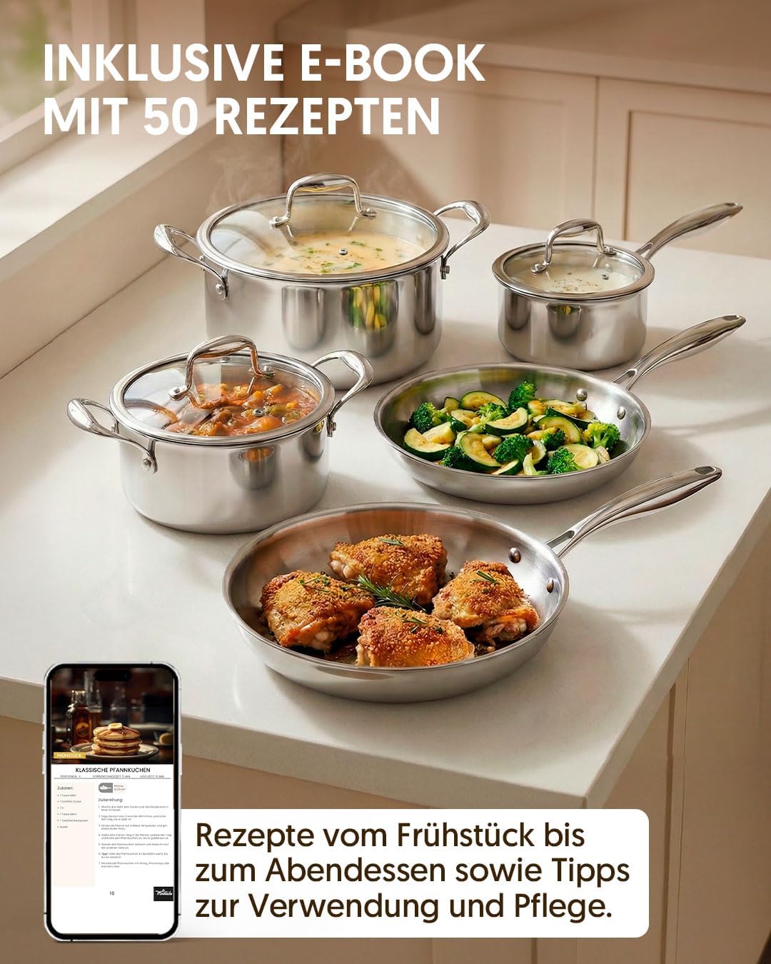 La Moustache - Topf- und Pfannenset 8-teilig, aus Edelstahl ohne Beschichtung, 3 Kochtöpfe mit Glasd