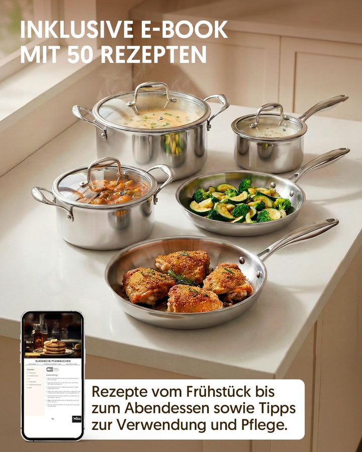 La Moustache - Topf- und Pfannenset 8-teilig, aus Edelstahl ohne Beschichtung, 3 Kochtöpfe mit Glasd