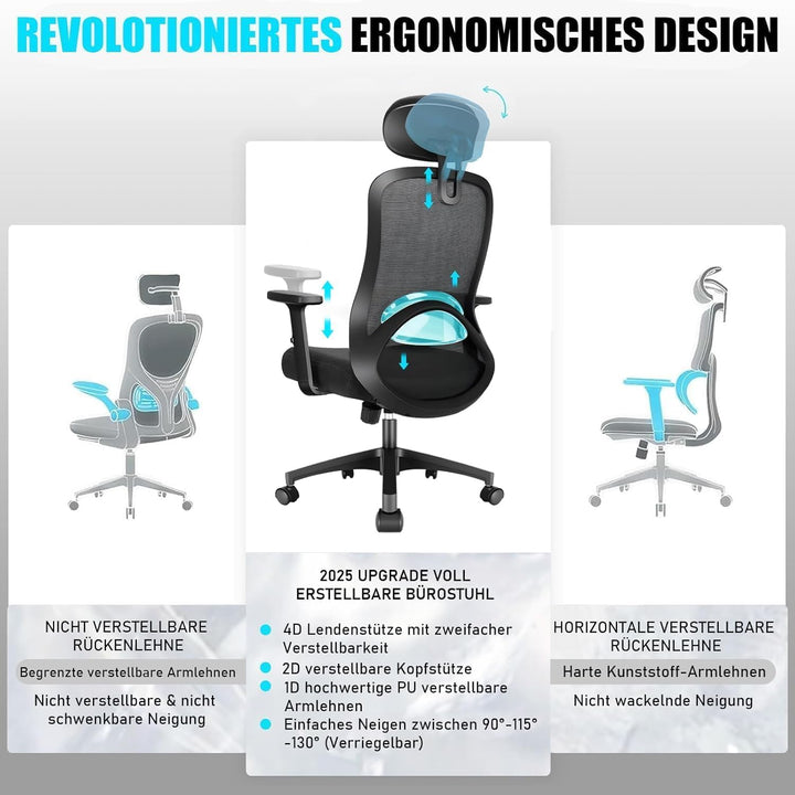 Bürostuhl, Ergonomischer Bürostuhl mit Verstellbarer 4D Lendenwirbelstütze, Schreibtischstuhl mit Ko