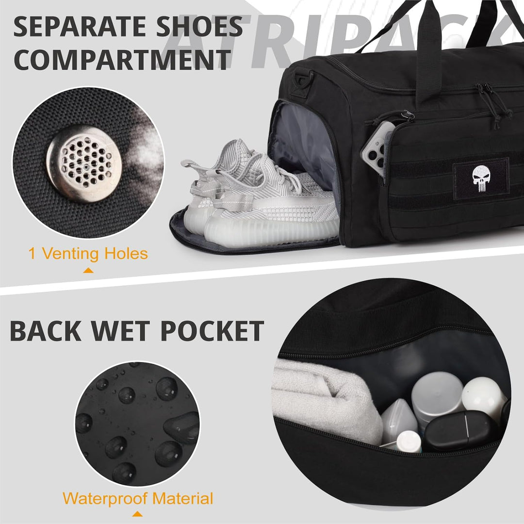 Taktische Sporttasche für Herren, 40L grosse Reisetasche mit Schuhfach, Sporttasche mit Nassfach, Mu