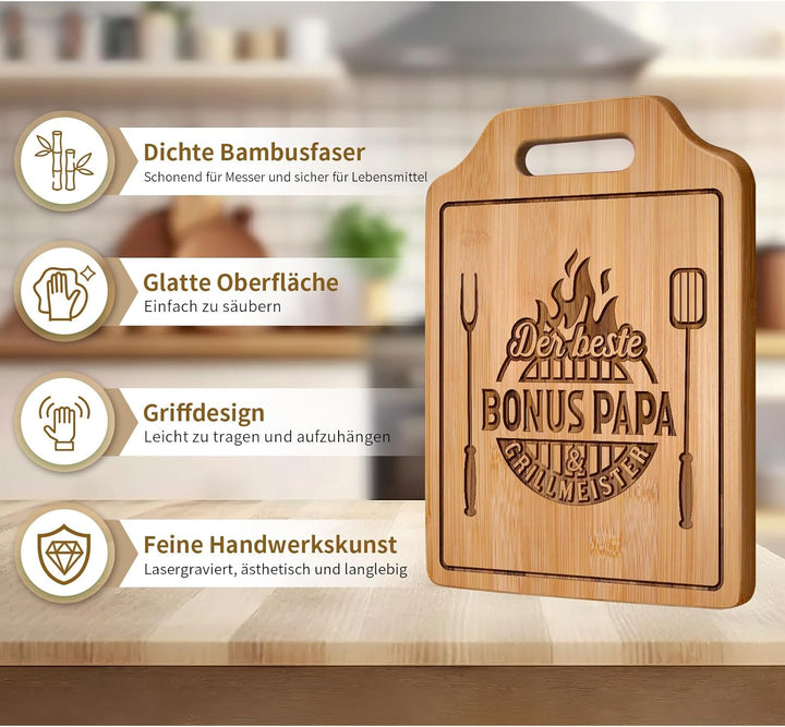 Giftasy Bonus Papa Geschenk - Bambus Schneidebrett mit Spruch, Personalisiert Geschenke für Stiefvat