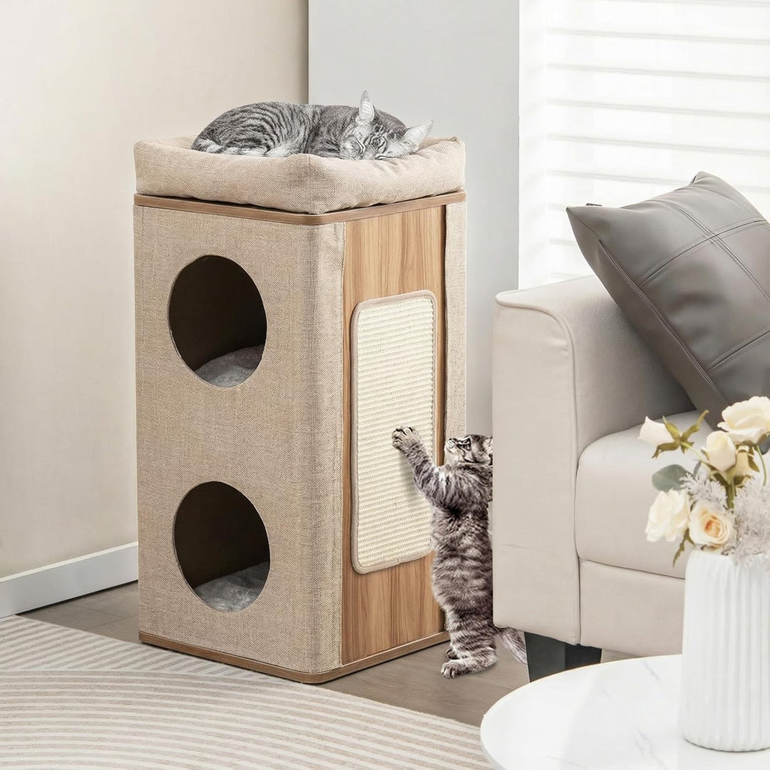 COSTWAY 3-stöckige Kratztonne Katzentonne, Kratzbaum mit Kratzbrett &amp; 3 Matten, Spieltonne für Katze