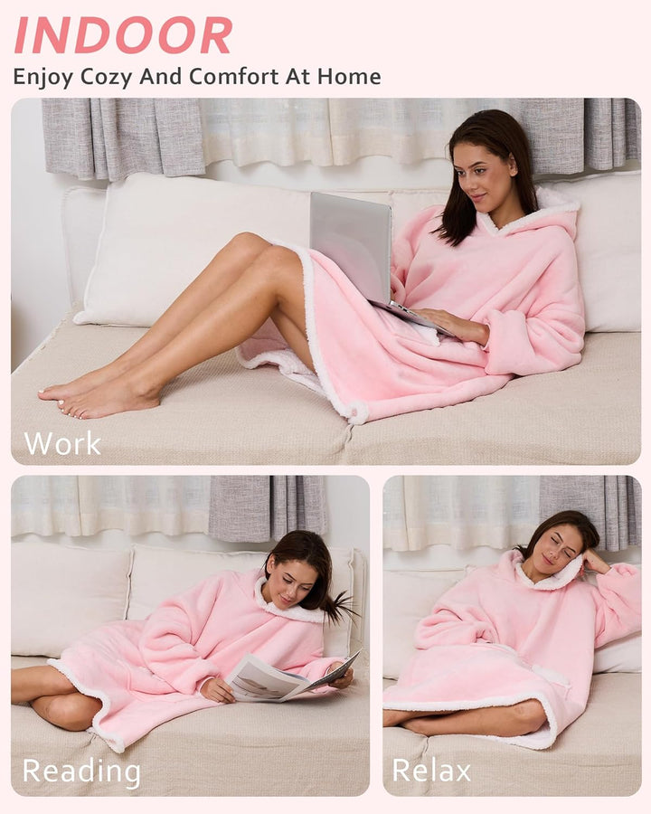 Oversized Hoodie Blanket， Sherpa Wearable Blankets with Pocket & Sleeves, Cozy Fleece Wearable Hoode